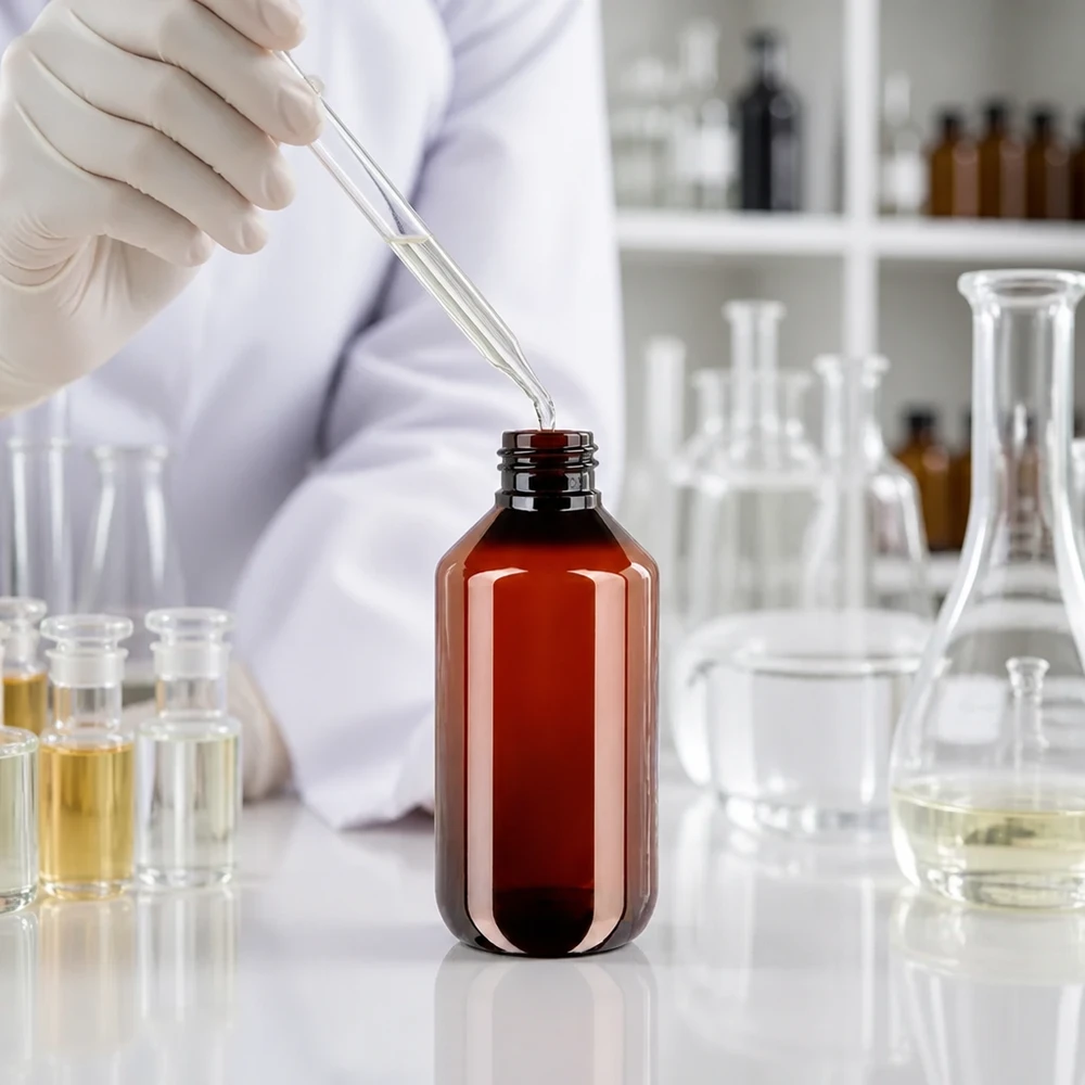 Laborant napełnia pipetą bursztynową butelkę PET o pojemności 200 ml z korkiem odgazowującym