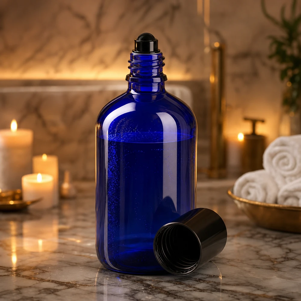 Butelka apteczna niebieska 100ml zakrętka roll-on czarna Otwarty flakonik z kulką o pojemności 100 ml w kolorze kobaltowym z czarną nakrętką na tle marmuru