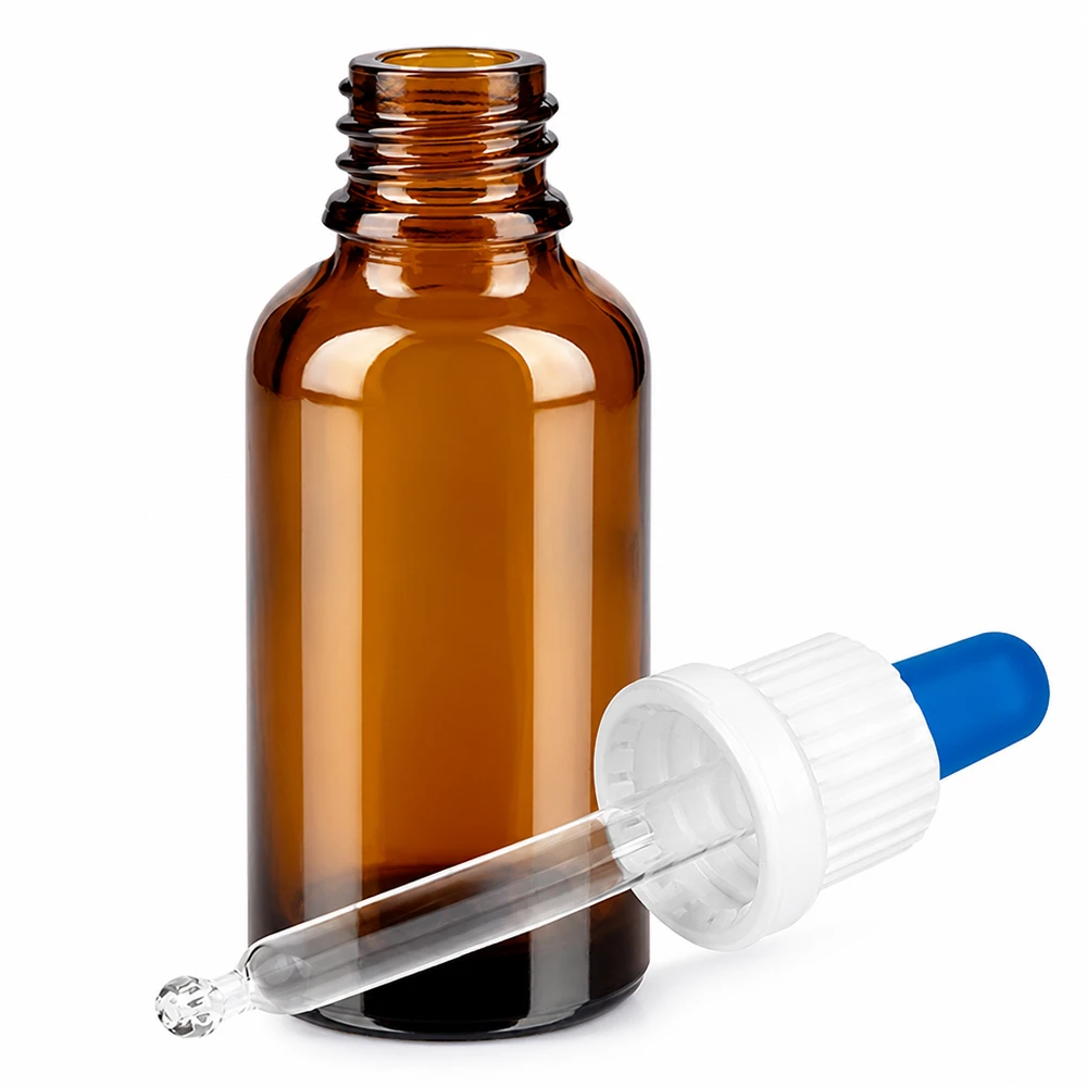 Butelka z pipetą 30 ml biała/niebieska OV BrownLine UT18/30 Bursztynowa szklana butelka o pojemności 30 ml z pipetą - idealna do olejków eterycznych i serum