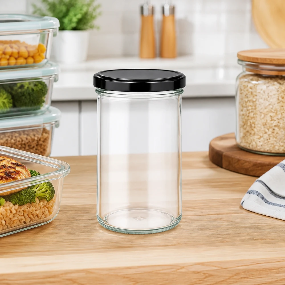 Słoik z pokrywką BasicSeal czarna UN.. 277ml Sturzglas in moderner Küche als Vorratsglas für Lebensmittel neben Meal-Prep-Behältern auf Holzarbeitsplatte