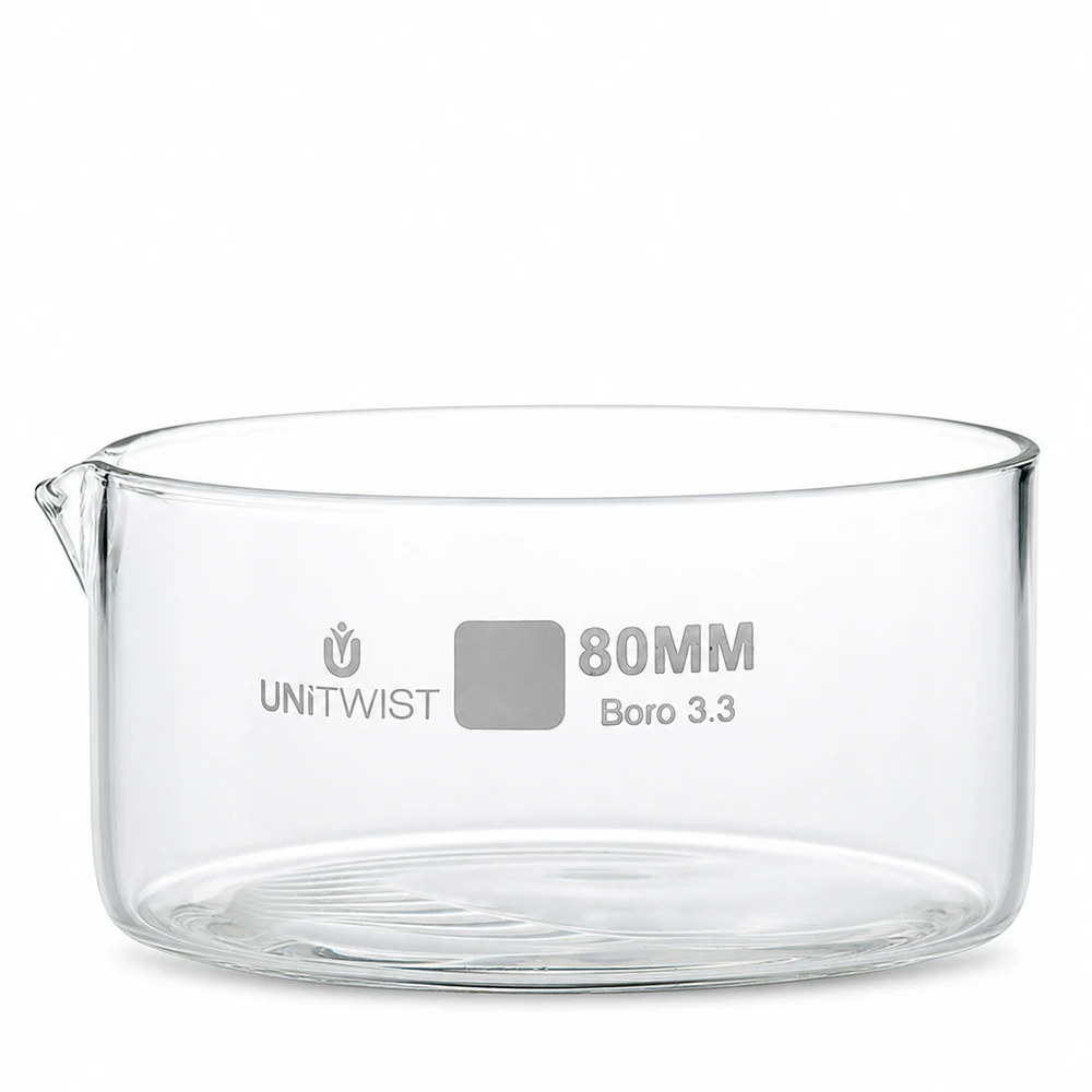Naczynie krystalizacyjne ø80 mm ze szkła borokrzemowego UNiTWIST Miska do krystalizacji 80 mm z przezroczystego szkła borokrzemowego 3.3 marki UNiTWIST z wylewką