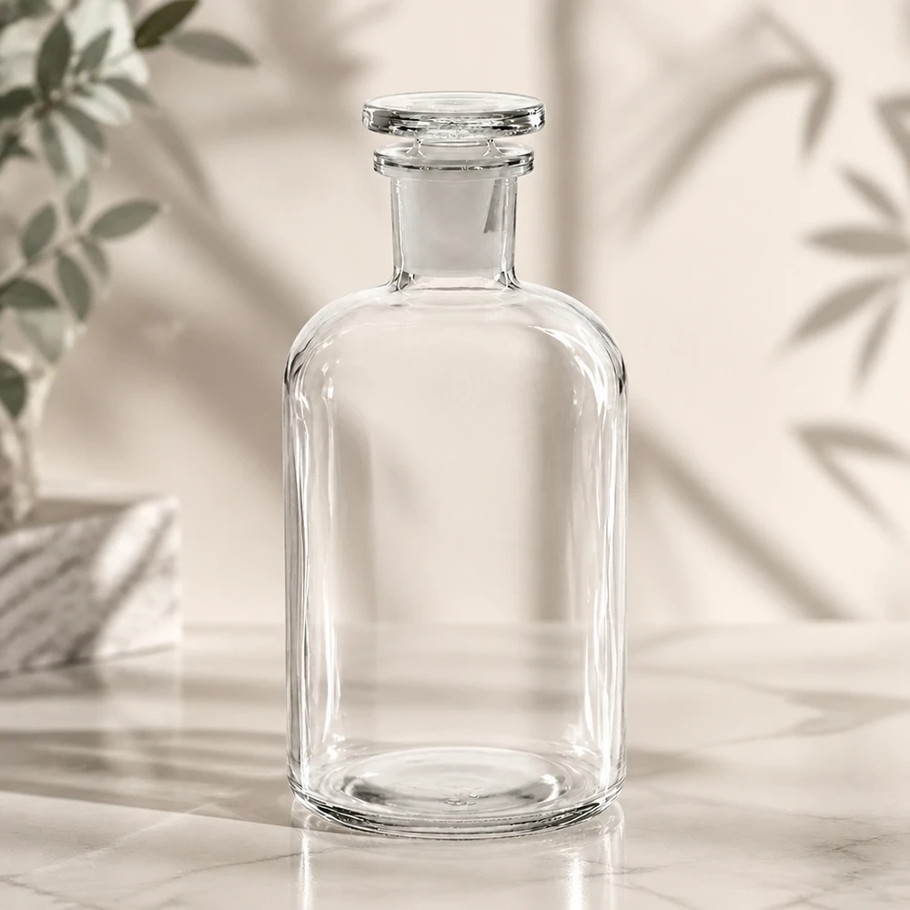 Butelka o zaokrąglonych ramionach, 500 ml, z wąską szyjką, przezroczysta, z płaskim korkiem ze szkła przezroczystego