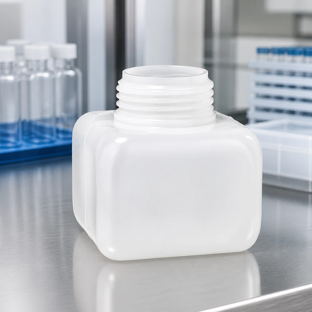 Butelka na chemikalia 250 ml z PE-HD, z szeroką szyjką, w kolorze naturalnym, stalowy stół, środowisko laboratoryjne, probówki, tło