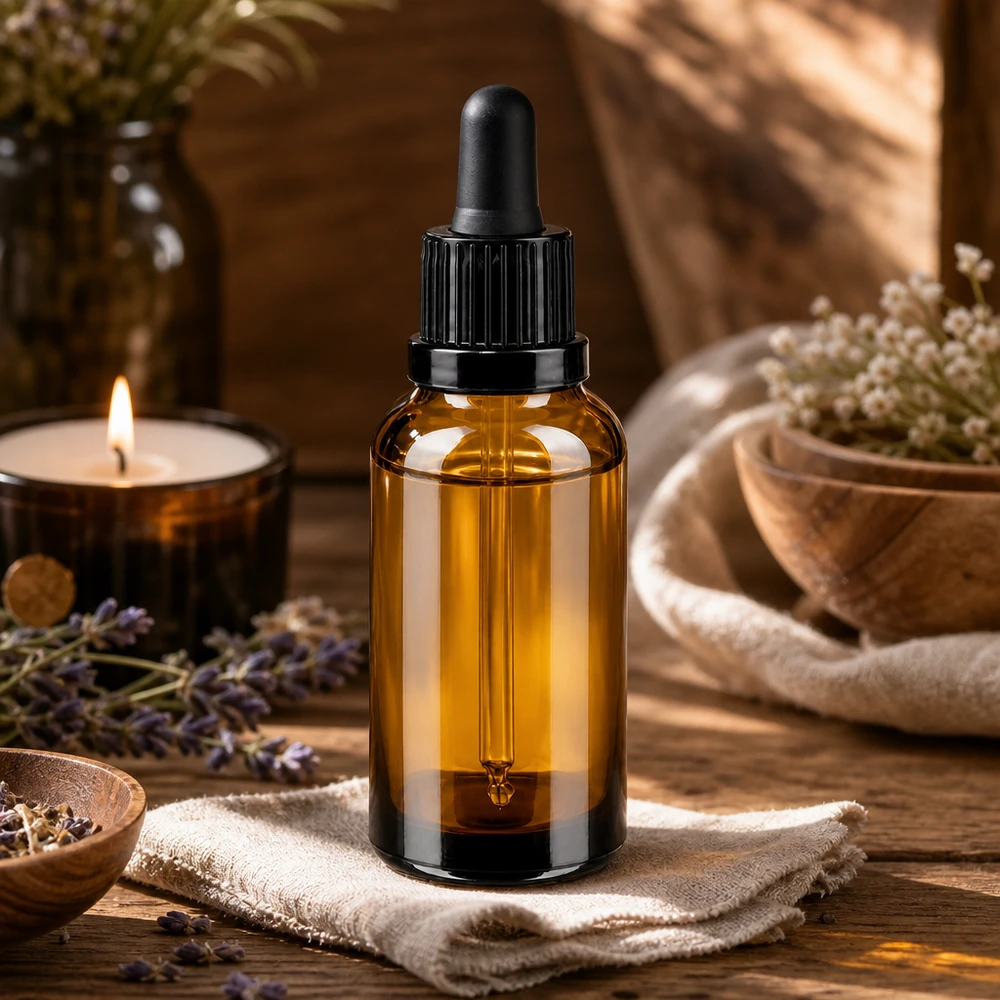 Elegancka butelka z pipetą 30 ml z bursztynowego szkła z czarnym zakraplaczem do naturalnej pielęgnacji skóry
