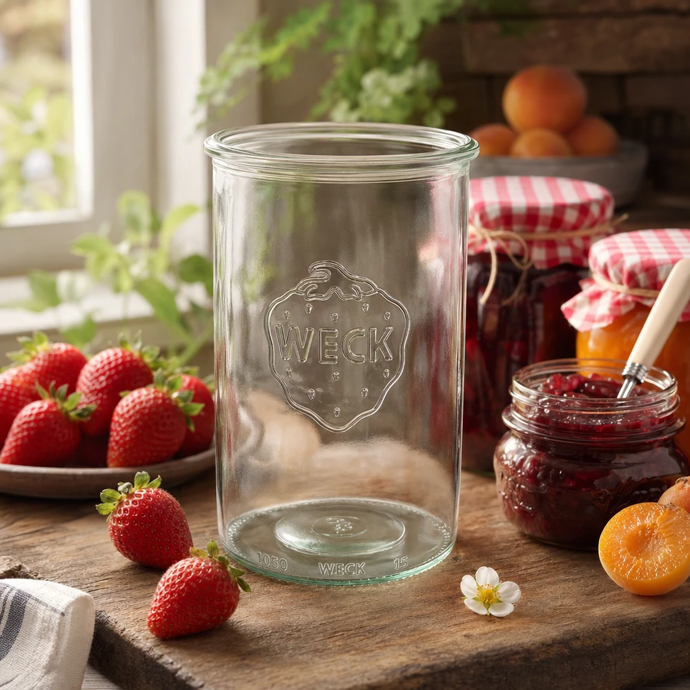 Słoik z szeroką szyjką WECK RR100, 1000 ml Słoik na przetwory WECK RR100 o pojemności 1000 ml na drewnianym stole ze świeżymi truskawkami i domową konfiturą