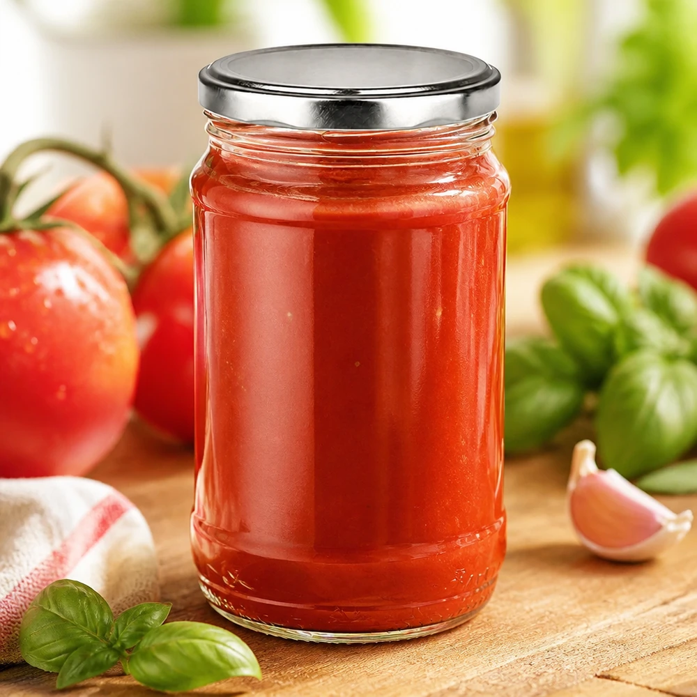 Okrągła szklanka BasicSeal o pojemności 370 ml w kolorze srebrnym, wypełniona sosem pomidorowym, obok świeżych pomidorów i bazylii