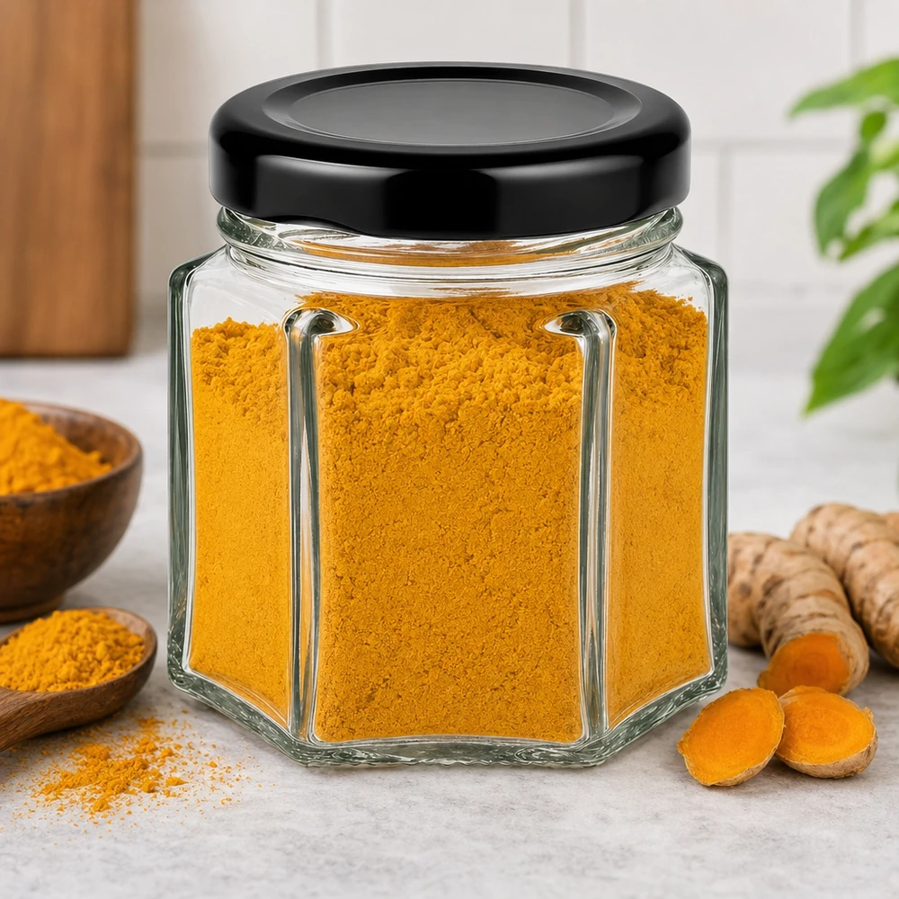 Słoik sześciokątny 47 ml z pokrywką BasicSeal czarna UN.. 47ml Hexaglas mit schwarzem Deckel gefüllt mit Kurkuma-Pulver neben frischen Kurkuma-Wurzeln in Küchenambiente