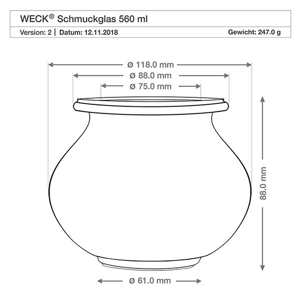Słoik jubilerski 560ml WECK RR80 z korkiem naturalny Słoik jubilerski WECK 560ml RR80 rysunek techniczny z wymiarami średnica wysokość waga specyfikacja produktu