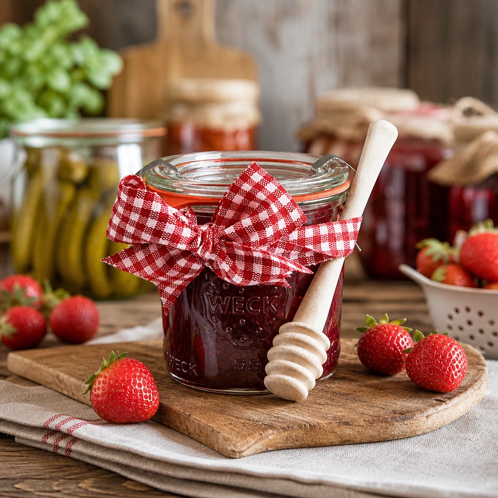 WECK słoik 140ml wypełniony dżemem truskawkowym łyżka miodu drewno świeże truskawki kuchnia rustykalna przetwory