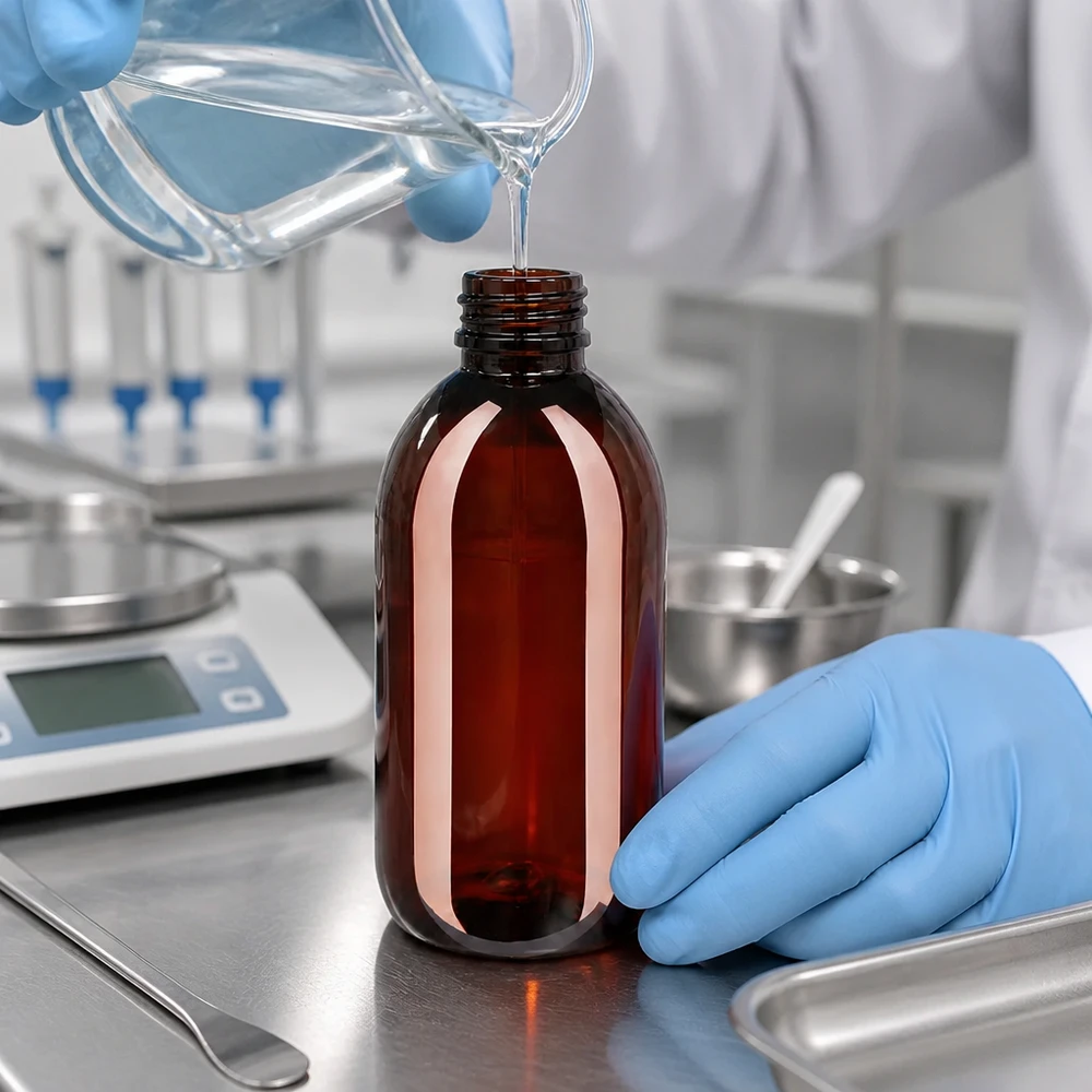 Butelka farmaceutyczna o pojemności 250 ml, wykonana z brązowego tworzywa PET, z białym zamknięciem zabezpieczonym przed dziećmi