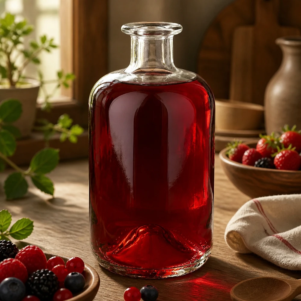 Butelka apteczna 500ml Glasflasche "Luna" ohne Verschluss UNiTWIST 500 ml bez zamknięcia UNiTWIST® Szklana butelka Luna 500ml wypełniona sokiem z czerwonych jagód między świeżymi jagodami na rustykalnym drewnianym stole jako inspiracja dekoracyjna.
