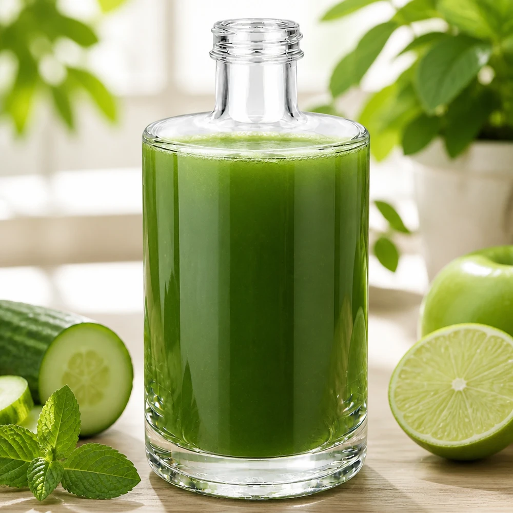 375 ml szklana butelka Sam wypełniona zielonym smoothie obok ogórka, limonki i mięty na tle jasnego drewna