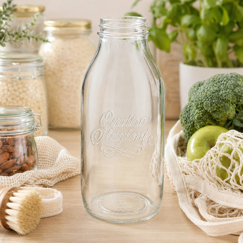 Butelka z szeroką szyjką o pojemności 1000 ml "Quattro Stagioni" 1000 ml szklana butelka Quattro Stagioni z wygrawerowanym napisem na drewnianym stole obok świeżej żywności