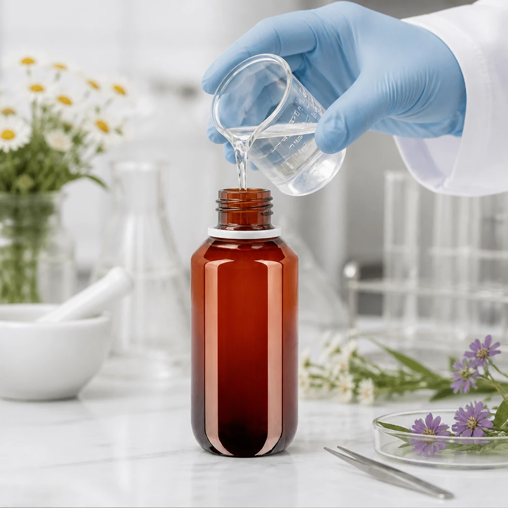 Butelka PET 200ml z białą nakrętką OV + kubek 200ml PET Weithalsflasche bernstein mit weißem Originalitätsverschluss für Kosmetik und Pharmazie
