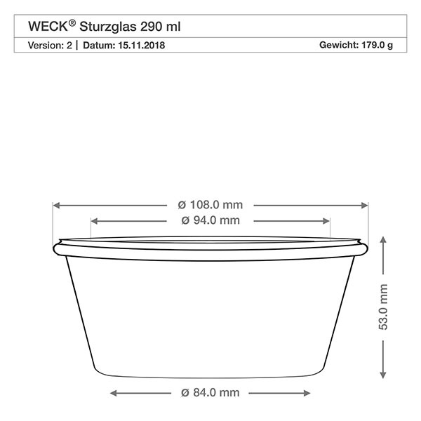 Kubek 290ml niski WECK RR100 z korkiem naturalny Rysunek techniczny kubka WECK 290ml RR100 o wymiarach Średnica 108mm Wysokość 53mm Waga 179g