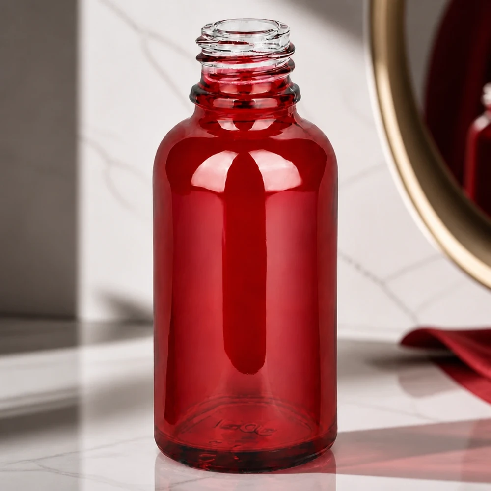 Elegancka czerwona butelka apteczna RedLine UT18/30 UNiTWIST 30ml z błyszczącą szklaną powierzchnią
