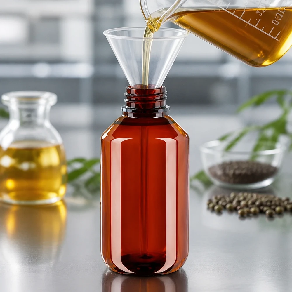 Butelka PET 100ml z zieloną nakrętką OV Butelkę PET o pojemności 100 ml w kolorze bursztynowym napełnia się żółtym olejem za pomocą lejka