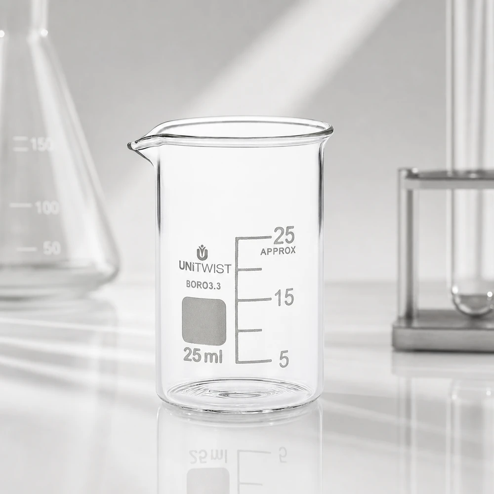 Pusta, przezroczysta zlewka o pojemności 25 ml, niskoprofilowa, wykonana ze szkła borokrzemowego 3.3 marki UNiTWIST, stojąca na białym blacie laboratoryjnym