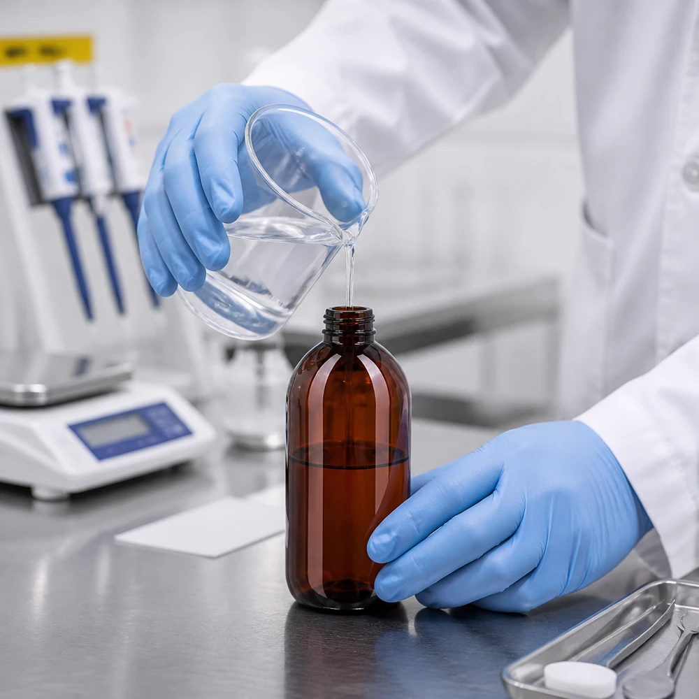 Butelka PET 250ml z atomizerem biała Labortechniker füllt transparente Flüssigkeit in 250ml PET Sprühflasche mit weissem Aufsatz