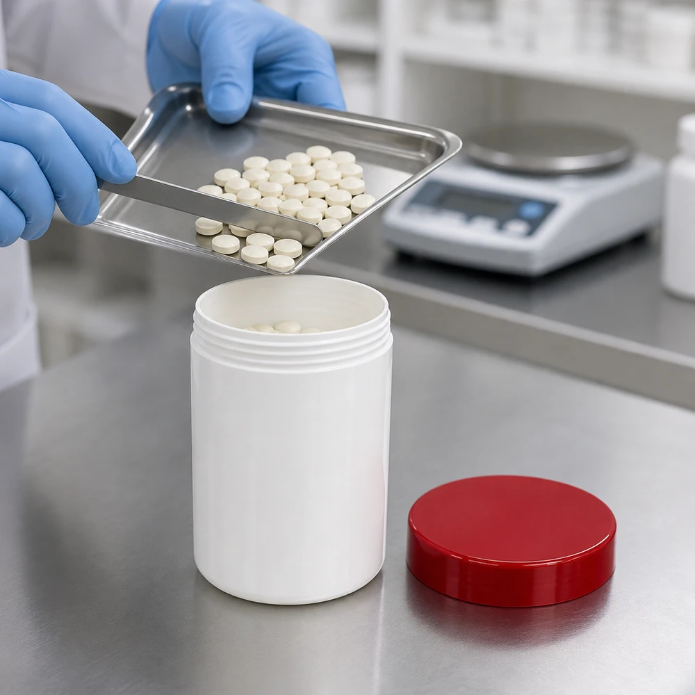 Słoik na maść 150g biały z czerwoną zakrętką (PP) Pakowanie farmaceutyczne tabletek do białych słoików na maści o pojemności 150 g z czerwoną zakrętką z PP