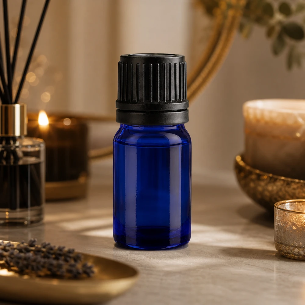 Butelka 5 ml 11 mm SV czarna OV BlueLine UT18/5 Kompaktowa szklana butelka o pojemności 5 ml z antypoślizgową czarną żebrowaną pokrywką zapewnia bezpieczną obsługę