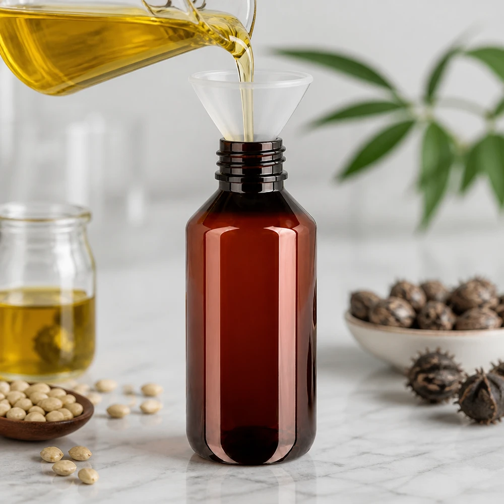 Butelka PET 200 ml z niebieską nakrętką OV Butelkę PET o pojemności 200 ml w kolorze bursztynowym napełnia się żółtym olejem roślinnym za pomocą lejka