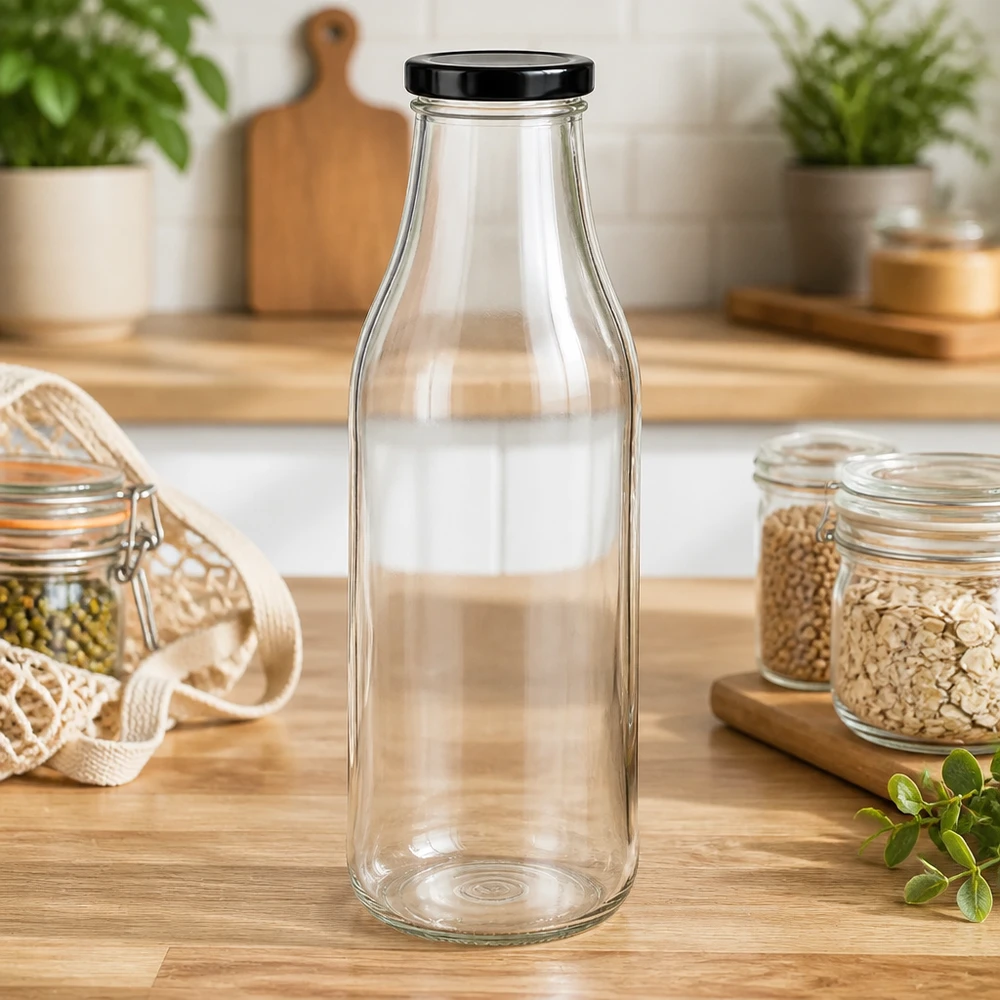 Butelka szklana 1000 ml + pokrywka BasicSeal czarna UNiTWIST. Całkowicie szczelna z dużą pokrywką TO48. Do mleka, soków i lemoniady. 1000ml Glasflasche mit schwarzem Deckel in Zero-Waste Küche zwischen Vorratsgläsern und nachhaltigen Utensilien
