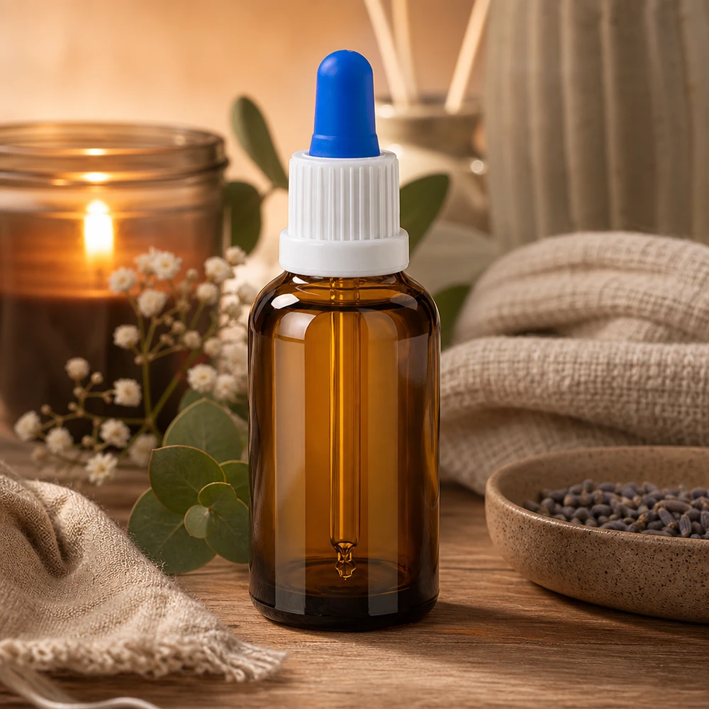 Butelka z pipetą 30 ml biała/niebieska OV BrownLine UT18/30 Butelka z pipetą 30 ml z niebieską końcówką do kontrolowanego dozowania kropli w aromaterapii