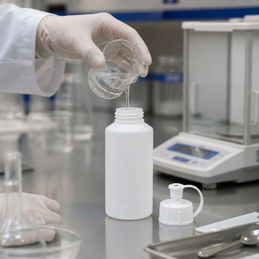 Butelka apteczna z HDPE o pojemności 30 ml, biała, z nakrętką z dozownikiem, podczas napełniania przezroczystym płynem