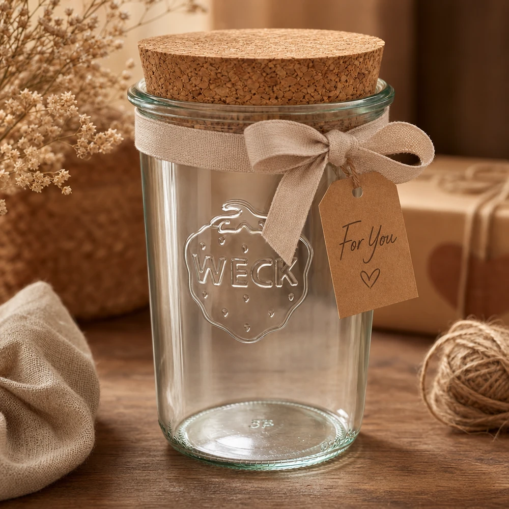 Kubki WECK 850ml RR100 ozdobnie zaaranżowane z korkową pokrywką, wstążką i przywieszką jako pomysł na prezent