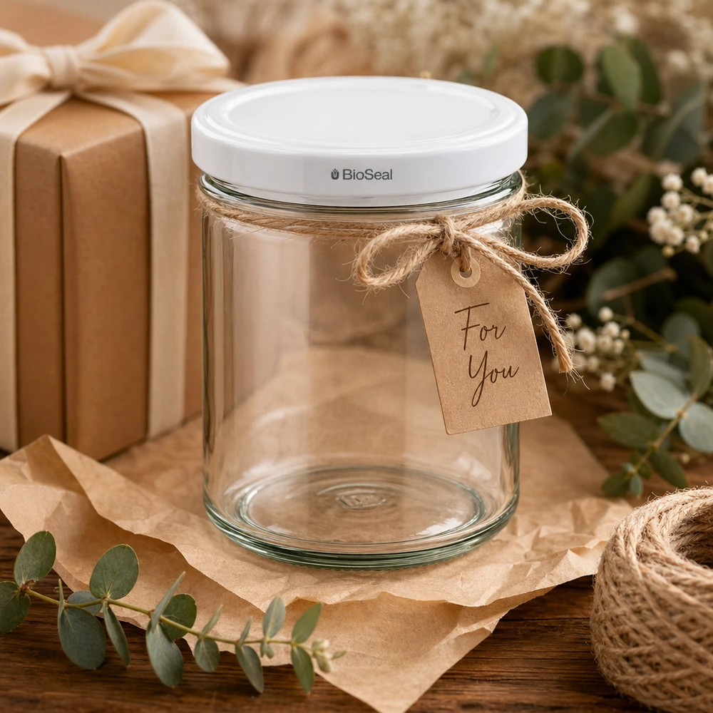 UNiTWIST lintel167 z białą pokrywą TO66 BioSeal UNiTWIST słoik na przetwory 167ml pudełko prezentowe rustykalna dekoracja papier kraft przywieszka For You BioSeal wieczko