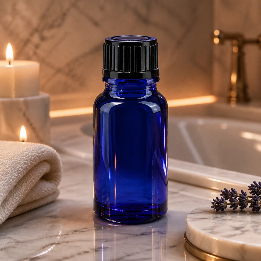 Precyzyjna buteleczka z zakraplaczem o pojemności 10 ml, niebieska, z otworem 1 mm i czarną nakrętką, wykonana ze szkła chroniącego przed promieniowaniem UV