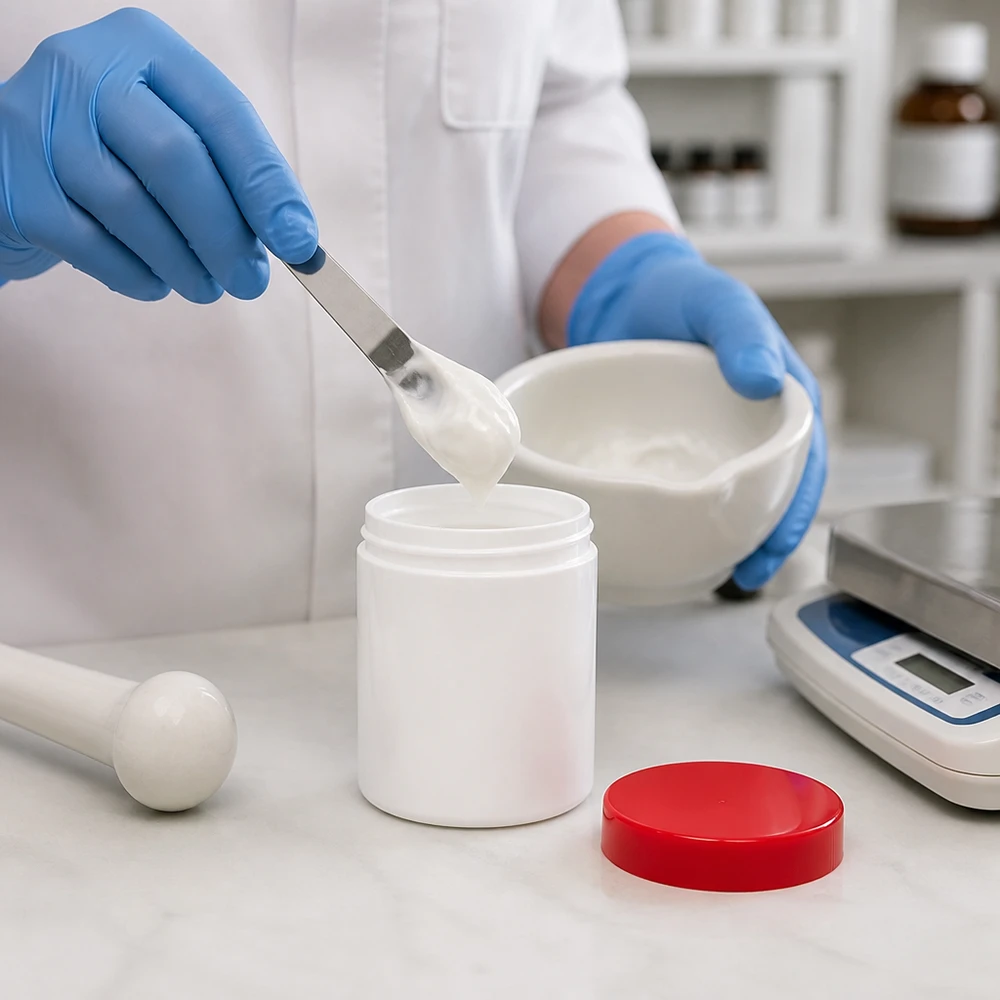 Farmaceuta przelewa biały krem z moździerza do słoika na maści o pojemności 250 g z czerwoną zakrętką