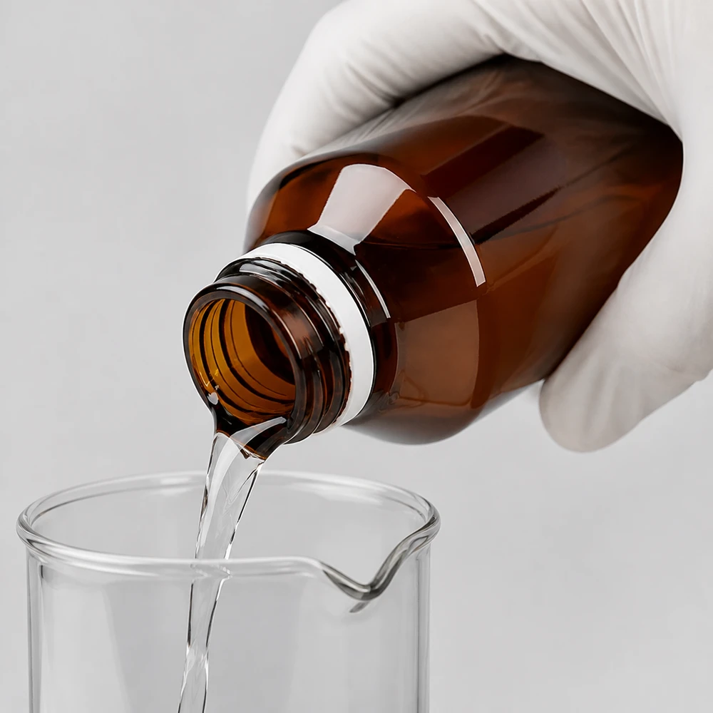Laborant wlewa przezroczysty płyn z brązowej butelki PET o pojemności 50 ml do zlewki, mając na rękach rękawiczki ochronne