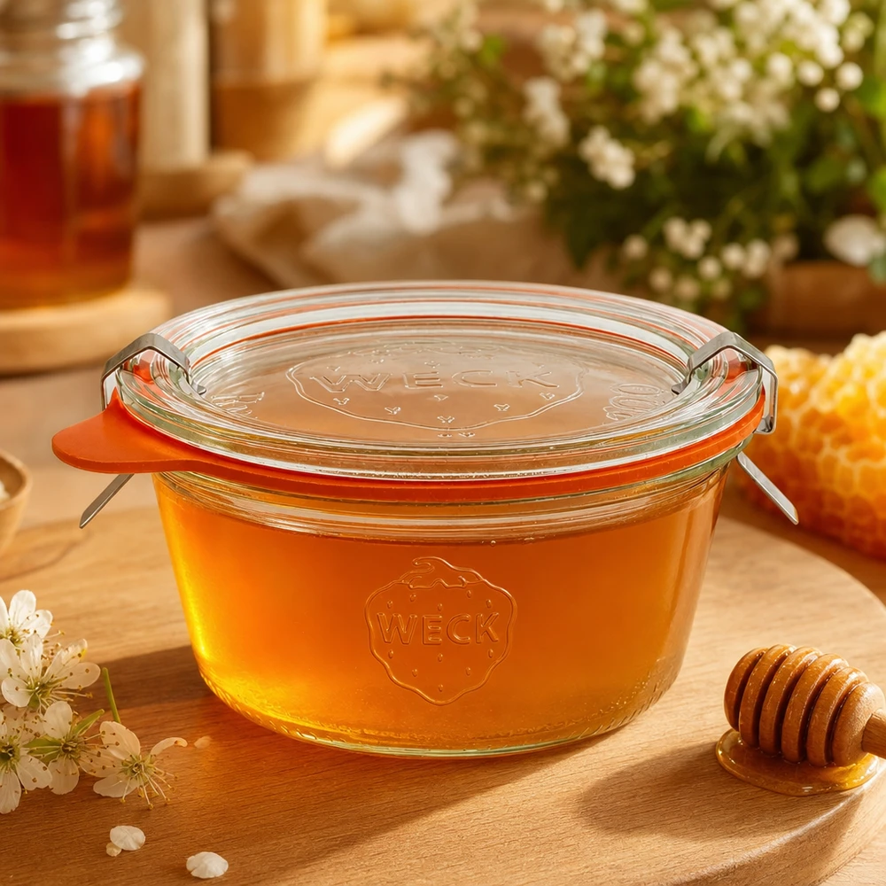 Kubki o pojemności 290 ml, niski komplet WECK RR100 Kubki WECK 290ml RR100 wypełnione złotym miodem obok łyżki miodu i plastra miodu jako naturalne miejsce przechowywania