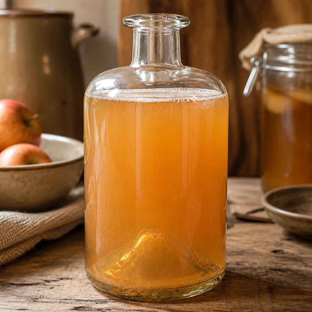 500ml butelka aptekarska Sofia wypełniona fermentowanym napojem Kombucha kuchnia rustykalna drewniany stół szklana butelka UNiTWIST