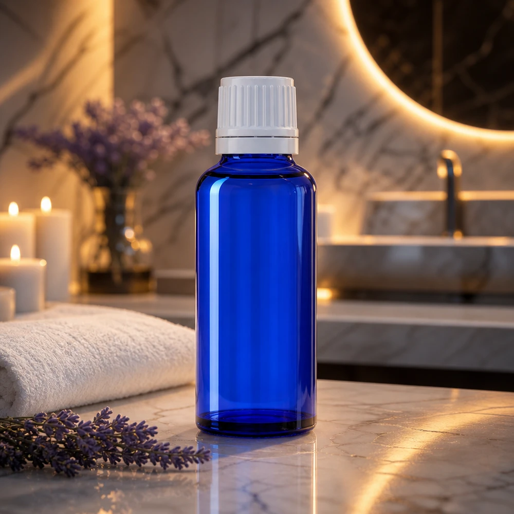 Niebieska buteleczka z zakraplaczem ApoGlas o pojemności 30 ml z białą nakrętką, stojąca na marmurze obok gałązek lawendy i świec