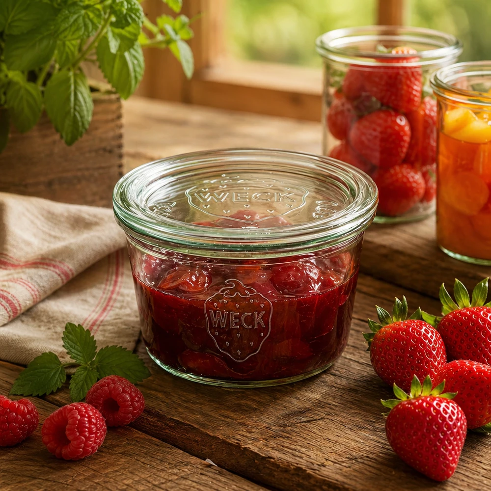 Słoik do przetworów WECK 290 ml wypełniony dżemem truskawkowym na drewnianym stole ze świeżymi jagodami i kuchenną atmosferą