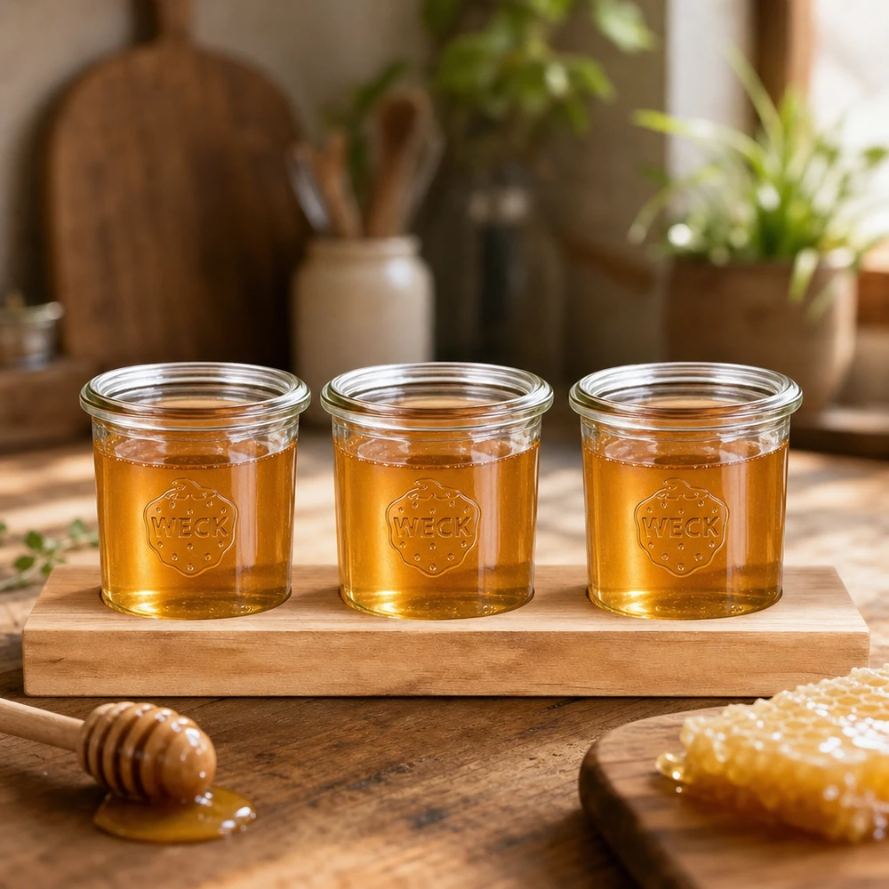 Miód prezentowany naturalnie w szklankach WECK 140 ml na drewnianej desce do serwowania z łyżką do miodu i plastrem miodu.