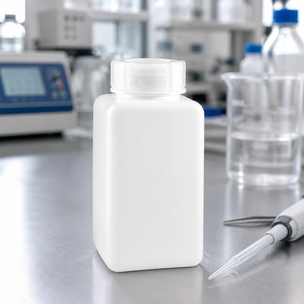 Butelka na chemikalia 1500 ml, szeroka szyjka z PE-HD, kolor naturalny Kwadratowa butelka na chemikalia z PE-HD o pojemności 1500 ml, z szeroką szyjką, w kolorze naturalnym, stosowana w środowisku laboratoryjnym z przyrządami pomiarowymi