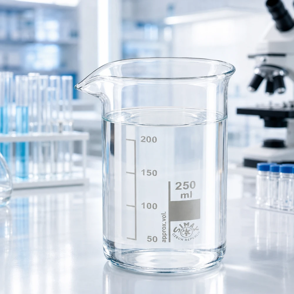 Zlewka 250 ml ze szkła borokrzemowego, wysoka Przezroczysta zlewka laboratoryjna o pojemności 250 ml, wysoka, wykonana ze szkła borokrzemowego Simax, z wypaloną skalą mililitrową