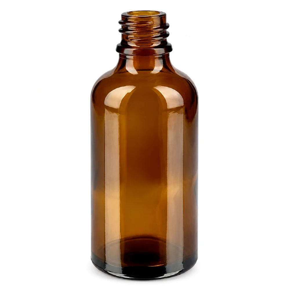 Szklana buteleczka w kolorze bursztynowym o pojemności 50 ml z otworem 11 mm na olejki eteryczne i krople