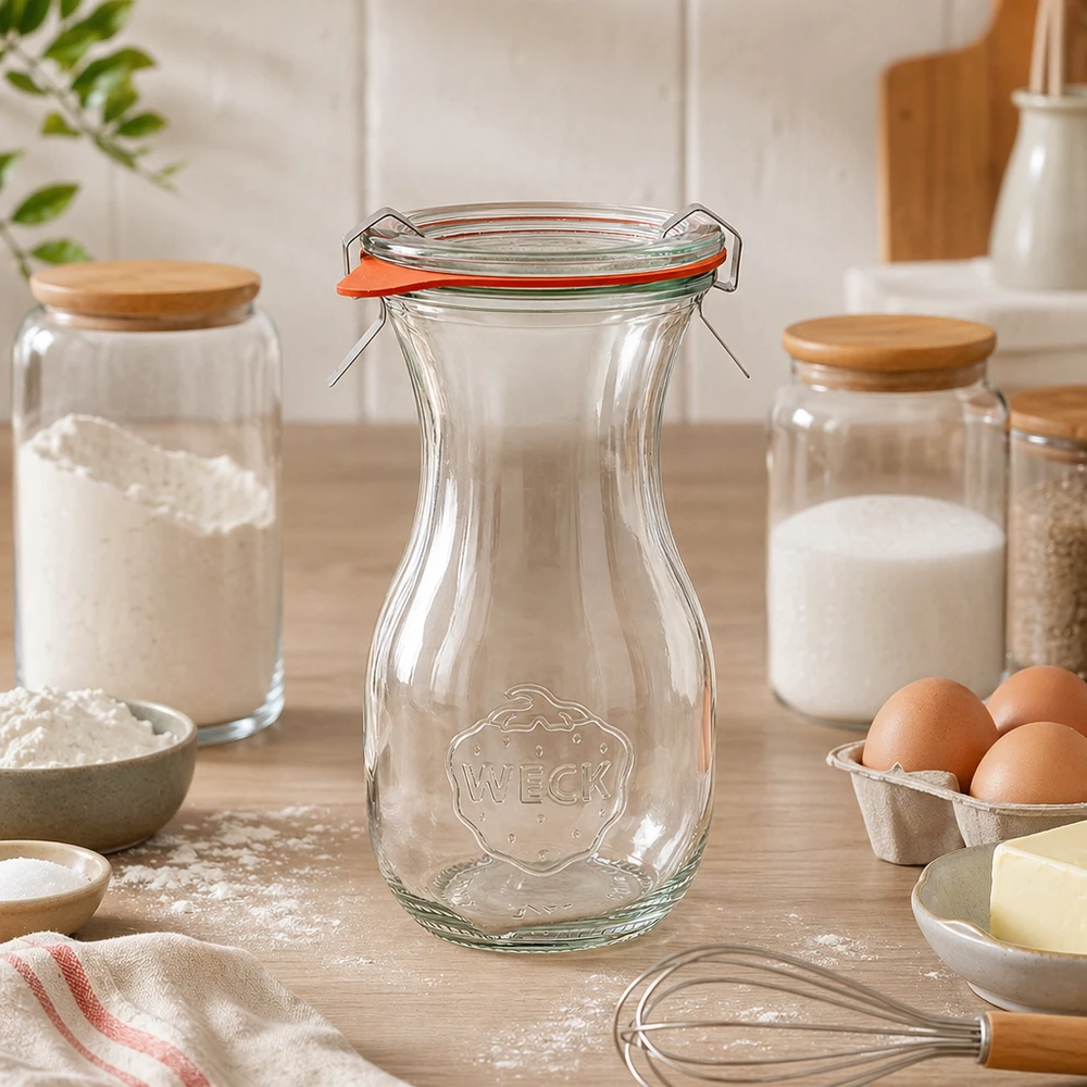 Kompletny zestaw do butelki na sok o pojemności 290 ml WECK RR60 Butelka na sok WECK 290ml RR60 pusta w nowoczesnej kuchni pomiędzy składnikami do pieczenia i słoikami na blacie kuchennym
