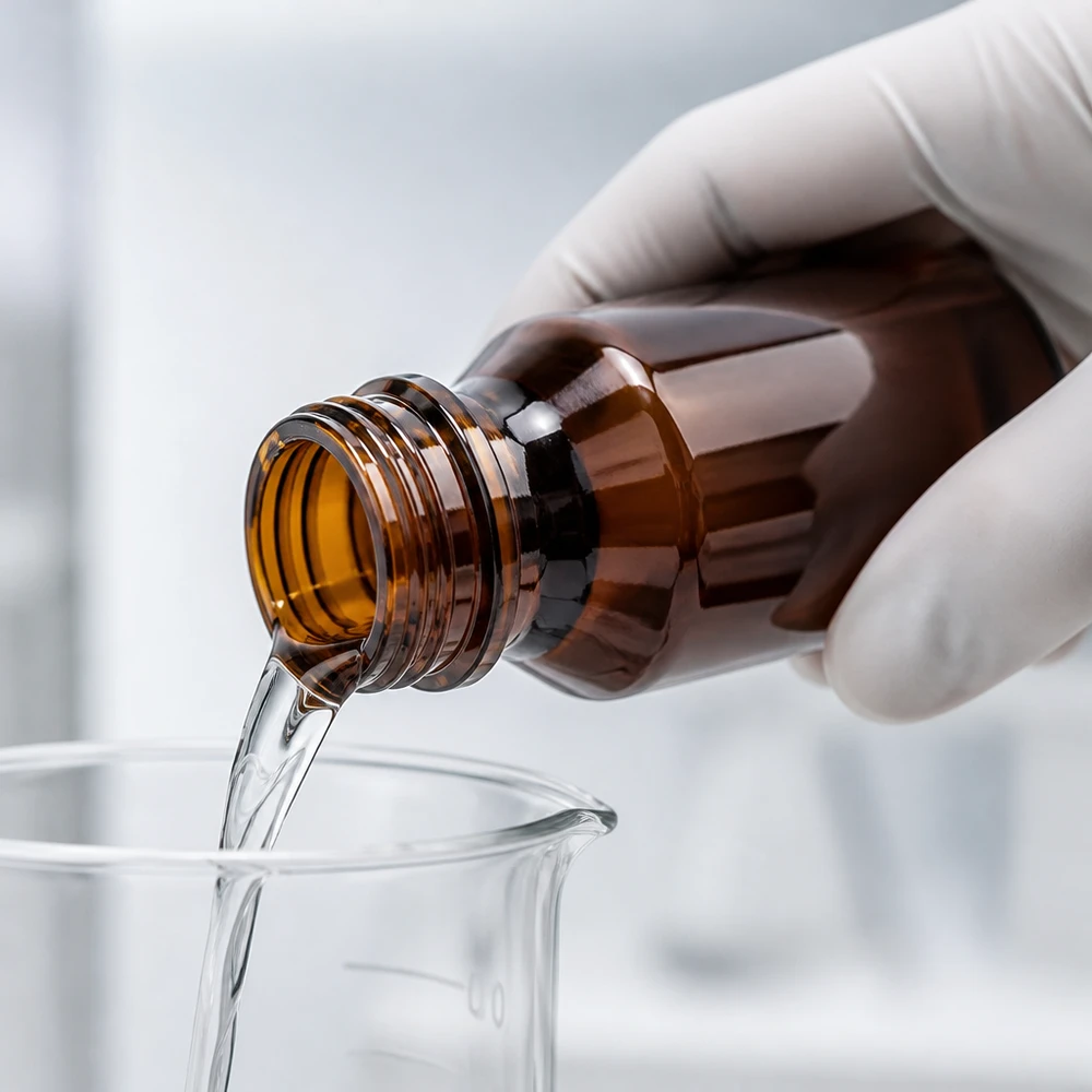 Braune 50ml Enghalsflasche aus PET beim kontrollierten Befüllen eines Laborbechers