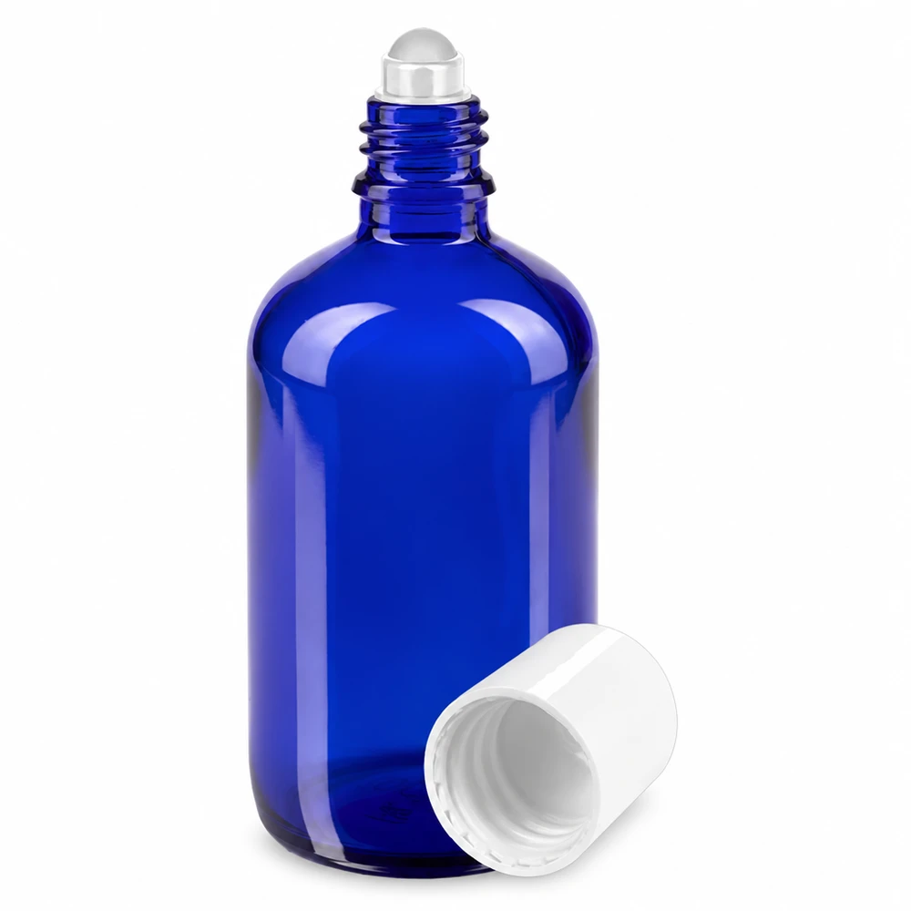 Niebieska buteleczka z kulką o pojemności 100 ml, wykonana ze szkła aptecznego, z białym zamknięciem i kulką