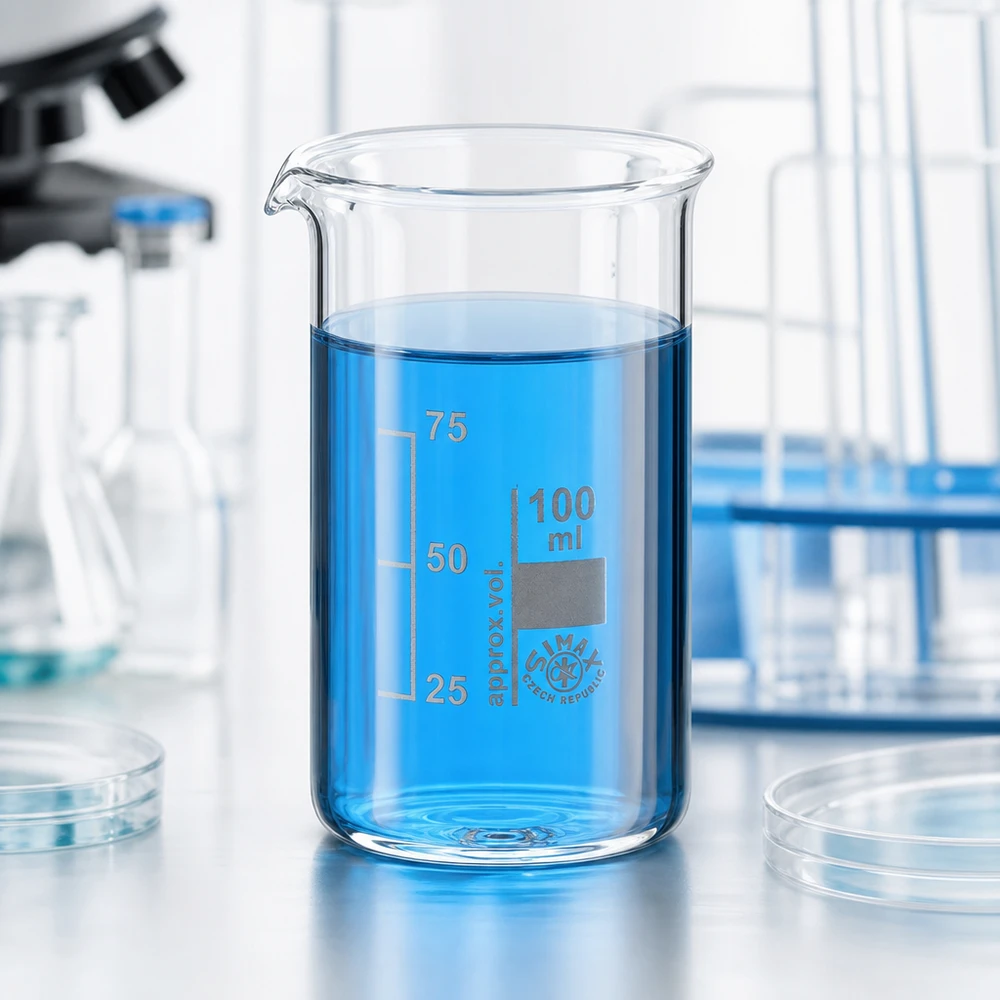 Zlewka 100 ml ze szkła borokrzemowego, wysoka Zdjęcie laboratoryjne: szklana zlewka o pojemności 100 ml, wysoka, z niebieską cieczą na białym tle