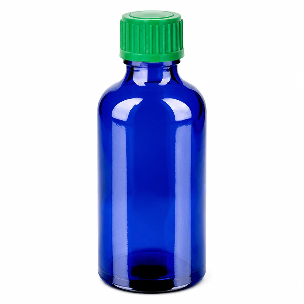 50 ml butelka z zakraplaczem w kolorze niebieskim z zieloną nakrętką do precyzyjnego dozowania