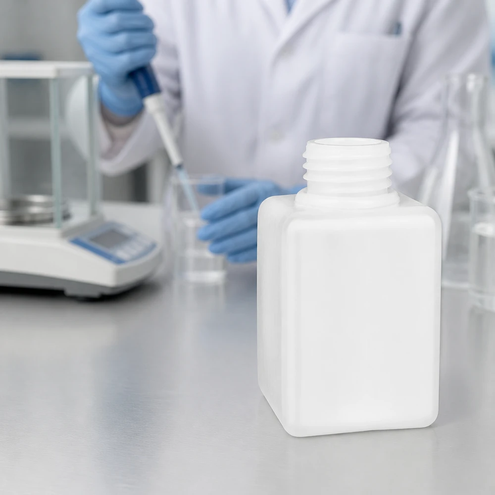 Kanciasta butelka z PE-HD o wąskiej szyjce, pojemność 100 ml, rozmiar GL 25, biała, bez nakrętki, na blacie laboratoryjnym