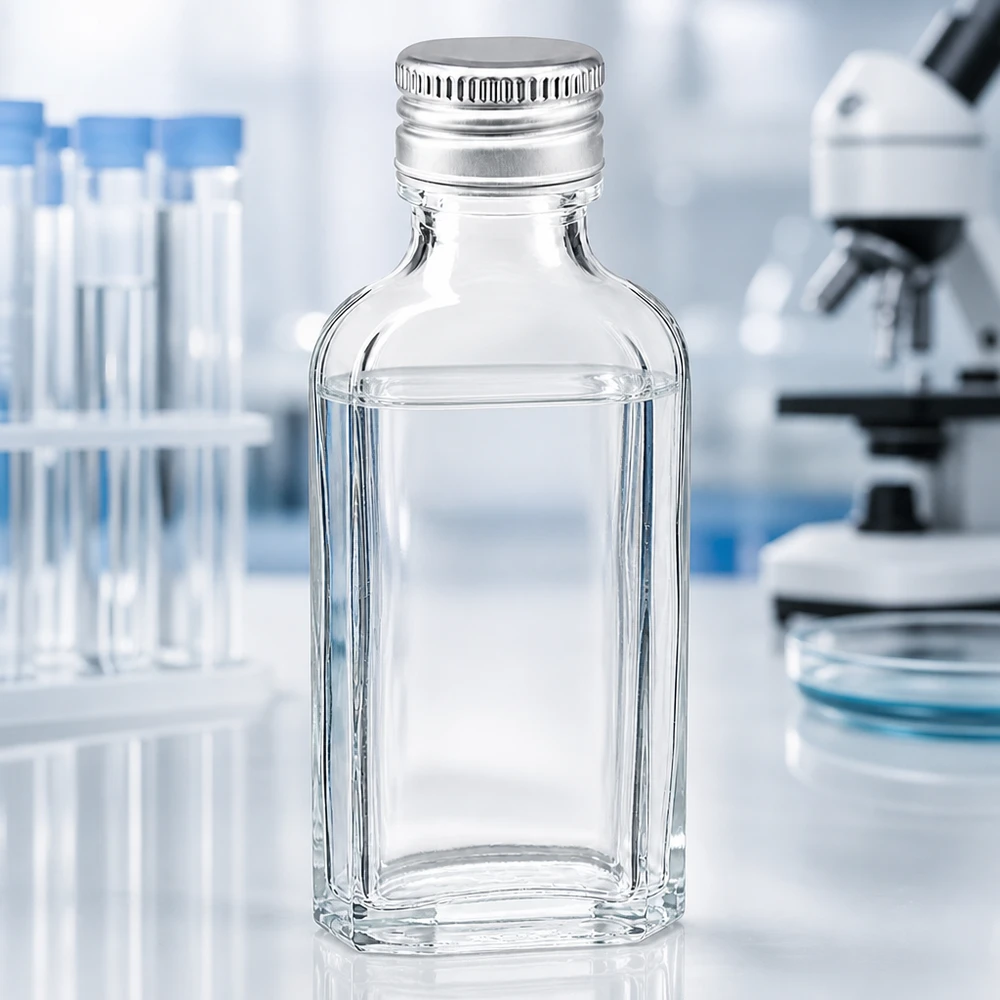 Mała buteleczka laboratoryjna o pojemności 50 ml, wykonana z przezroczystego szkła, z aluminiowym zamknięciem typu PP22, stosowana w środowisku naukowym