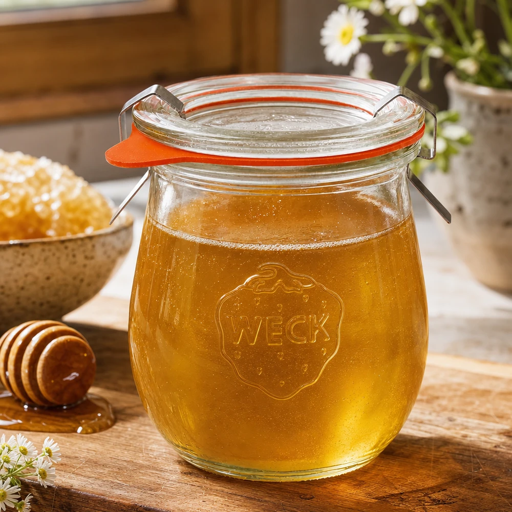 WECK tulipan słoik 220ml RR60 wypełniony miodem na drewnianym stole obok łyżki miodu i plastra miodu w rustykalnej kuchni